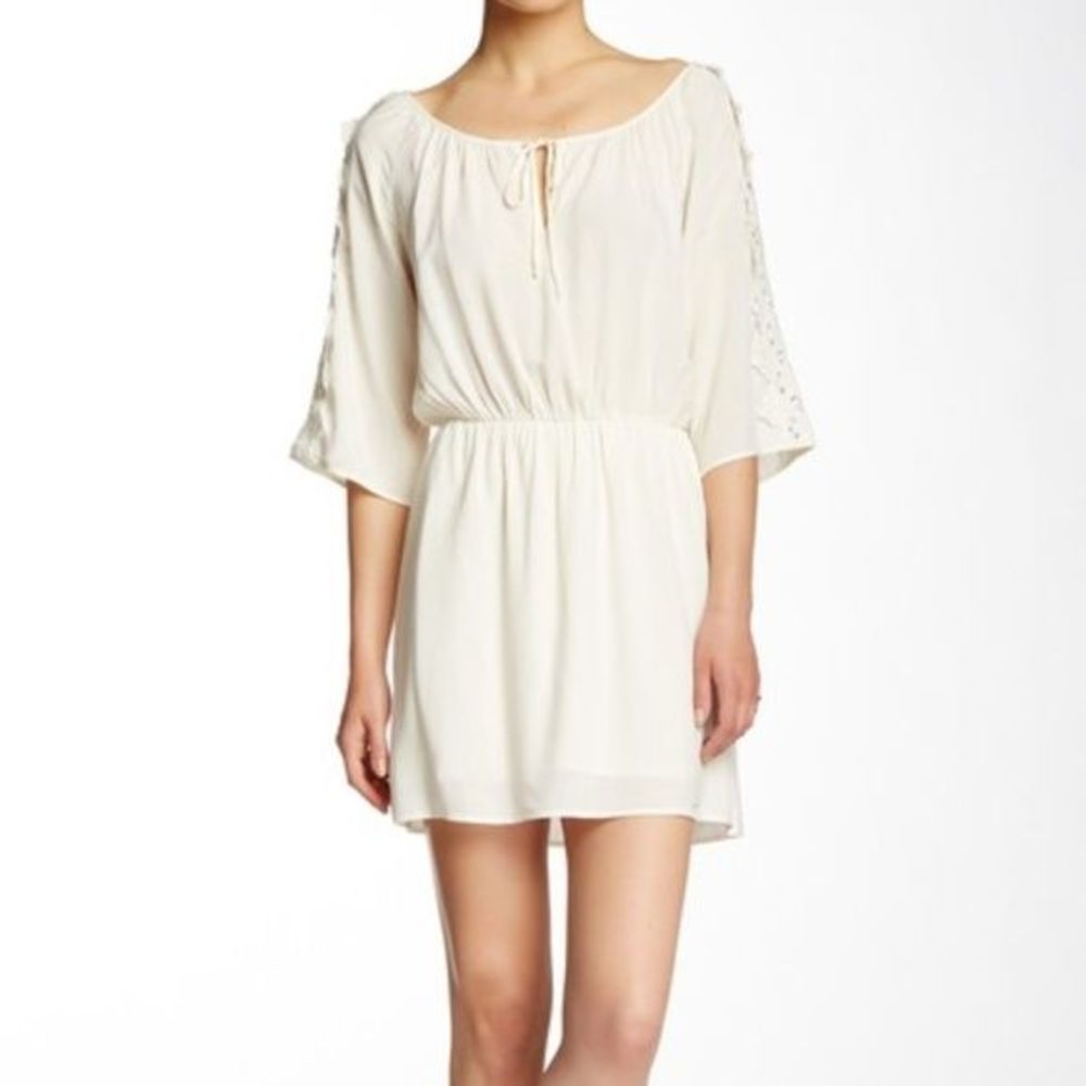 Bobeau Crocheted Sleeve Peasant Mini Casual Dress